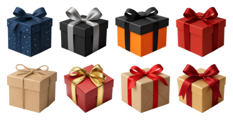 PNG Colorful gift boxes with ribbons, element set on transparent background