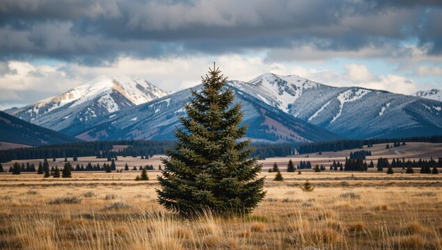 A lone evergreen tree stands tall in a golden field with snowcapped mountains in the background