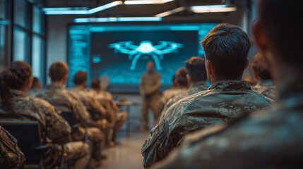 Military personnel attending drone operation training in classroom setting
