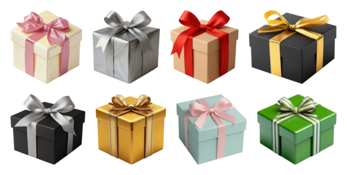 PNG Colorful gift boxes with ribbons, element set on transparent background - Powered by Adobe