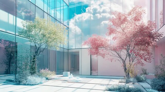 Modern building courtyard with dreamy pastel colors