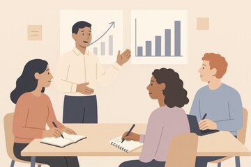 Business team engaged in a collaborative meeting, analyzing growth charts and discussing strategies for success. Concept of teamwork, productivity, and professional development.