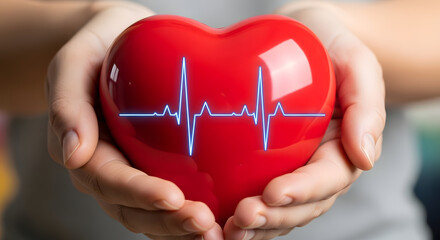 Hands Holding a Red Heart with EKG Line Healthcare Cardiology and Wellness Concept
