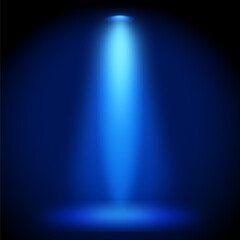 Bright intense blue spotlight beam with glowing illumination on a dark background — dramatic stage lighting, futuristic sci-fi glow effect, studio beam rays for presentations and graphic overlays