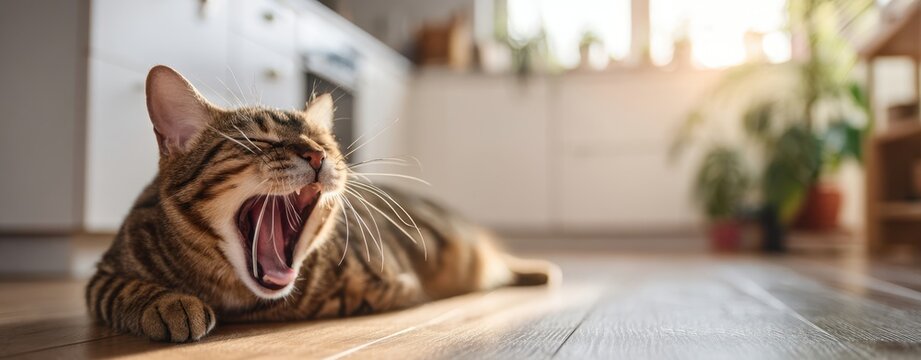 The Cat Yawning on Sunlit Kitchen Floor Relaxed Domestic Tabby Morning Scene