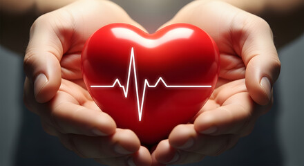 Hands Holding a Red Heart with EKG Line Healthcare Wellness and Medical Concept
