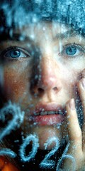 Woman looking through frosty window with 2026 Written on Glass. Winter concept symbolizing New Year