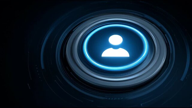 Futuristic user profile icon on glowing blue button for secure login and digital identity. This modern technology concept provides authenticated access and cyber protection
