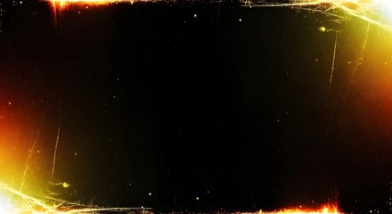 Abstract fiery grunge frame with glowing particles and light leaks on a black background, cinematic film border effect