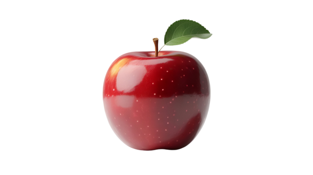 Vibrant red apple with a fresh green leaf, perfect for healthy eating campaigns or educational resources about fruit and nutrition with a clean look