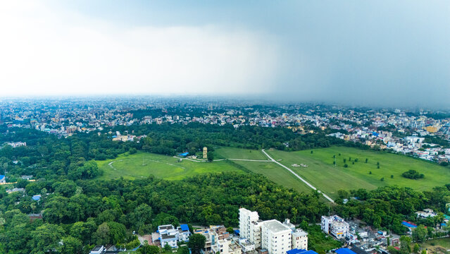Top down Buildings and Apartment with Multiple Building aerial. Urban Buildings and Apartment at bridge road at Delhi. Cinematic cityscape drone shot. Noida Buildings.