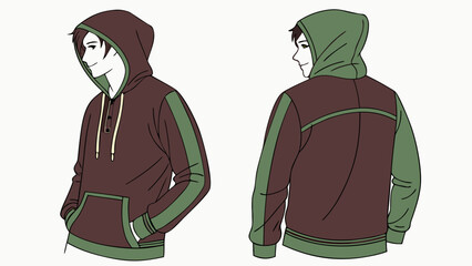 Green brown sweatshirt hoodie mockup  front and back, provided on a white background.
