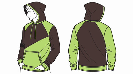 Green brown sweatshirt hoodie mockup  front and back, provided on a white background.
