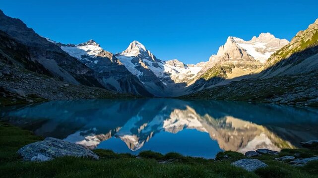 A majestic mountain range reflects in a tranquil blue lake under a clear, cloudless sky