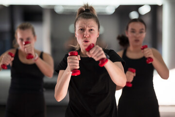 Women engaging in a fitness class using dumbbells in a modern gym setting during an evening workout session