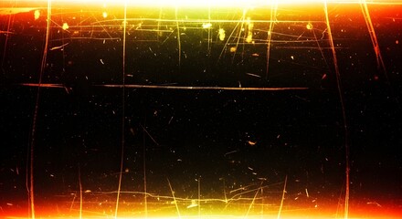 Abstract background with glowing orange and yellow light streaks and scratches, evoking a sense of vintage film or digital glitch