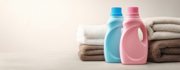 The Laundry Detergent Bottles and Folded Towels on a Neutral Wooden Surface