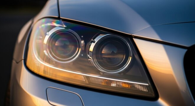 Close up of a modern silver car headlight with glowing xenon lamps at sunset.