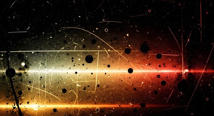 Abstract particle collision in a dark universe, with glowing energy trails and scattered debris, evoking a sense of cosmic chaos and scientific exploration