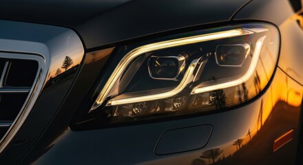 Fototapeta premium Modern luxury car front headlight detail with glowing LED lights during golden hour.