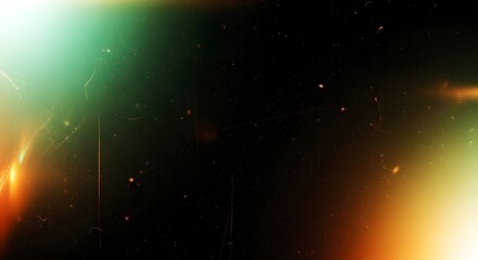 Abstract background with glowing light leaks and dust particles, cinematic film grain effect, vintage texture, and bokeh
