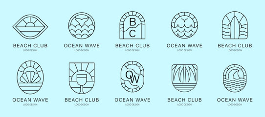 Ocean Abstract Line Art Logo Set. Coastal Elements, Sand and Sun Icons, Marine and Beach Symbol