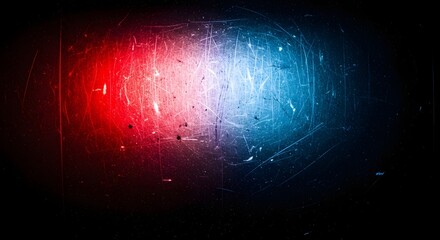 Abstract background with red and blue lights, symbolizing emergency, police, or nightlife, with a gritty, textured, and scratched surface