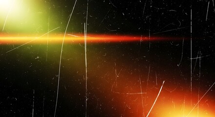 Abstract background with lens flare and light streaks, simulating a vintage film or space dust effect with a dark, textured appearance and glowing orange and yellow highlights