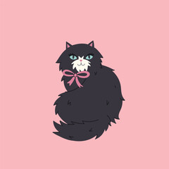 Cute long-haired black cat with a bow on his neck. Vector graphics.
