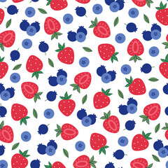 Seamless pattern with blueberries and strawberries on a white background. Vector graphics.