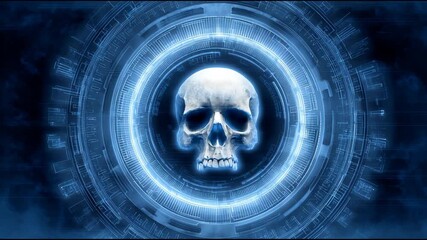 Futuristic blue tech interface displaying menacing digital skull in glowing circle, sinister warning of cyber attack, security threat, and virtual hacking danger - Powered by Adobe