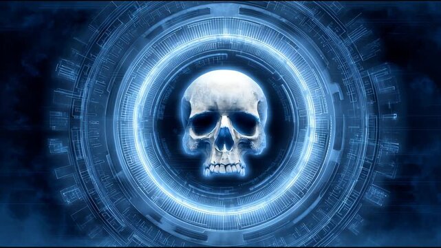 Futuristic blue tech interface displaying menacing digital skull in glowing circle, sinister warning of cyber attack, security threat, and virtual hacking danger