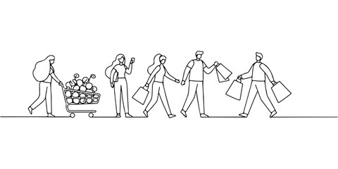 Continuous one line drawing of people shopping for sustainable products, symbolizing the changing consumption patterns in society, line art style vector illustration.