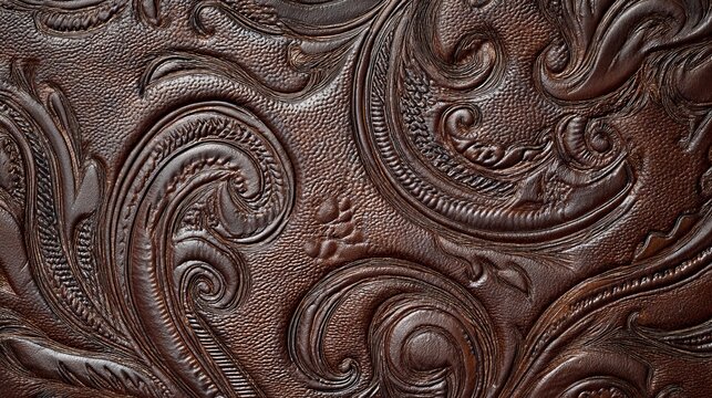 Rich embossed leather texture showcases intricate scrollwork patterns with a deep, warm brown hue, perfect for luxurious backgrounds.