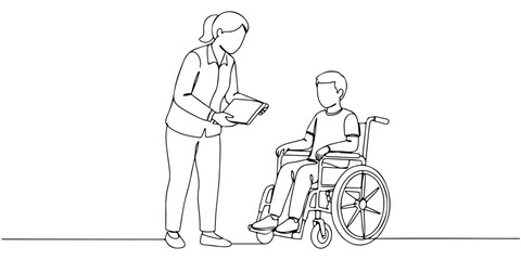 Continuous one line drawing of a teacher helping a disabled child, symbolizing education for people with disabilities, line art style vector illustration.