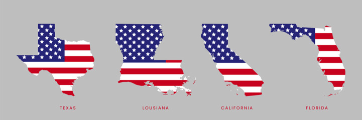 USA Flag Map Set – Texas, Louisiana, California, and Florida Silhouettes