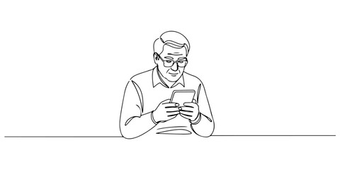 Continuous one line drawing of a person reading news on a digital device, symbolizing the role of media in shaping public opinion, line art style vector illustration.