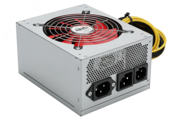 Computer power supply unit PSU with red fan isolated on black