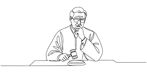 Continuous one line drawing of a judge upholding justice, symbolizing legal system and social justice, line art style vector illustration.