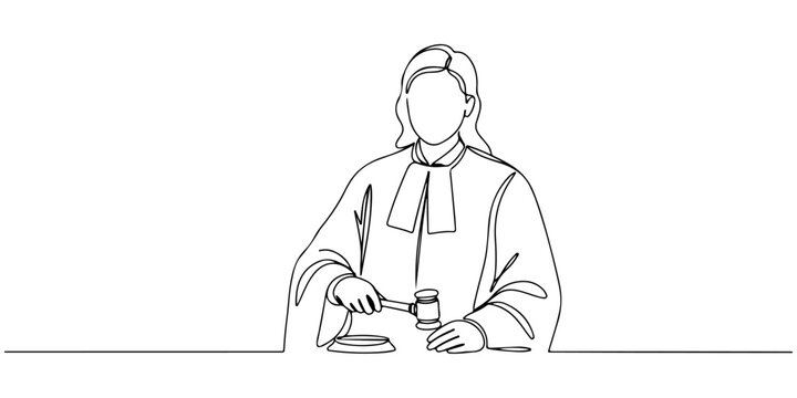 Continuous one line drawing of a judge upholding justice, symbolizing legal system and social justice, line art style vector illustration.