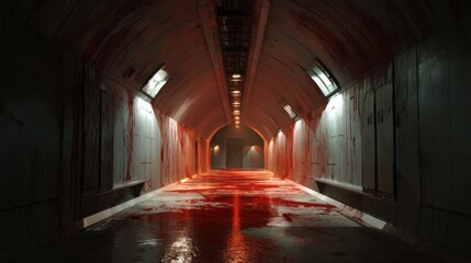 Naklejka premium Eerie Dark Tunnel Floor Walls Splattered Blood