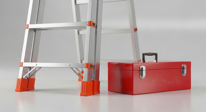 Red toolbox and silver ladder ready for work