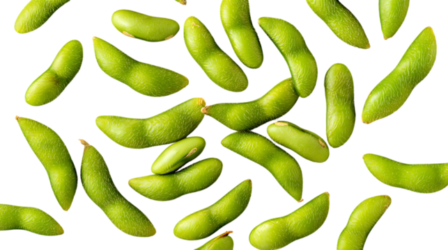 Fresh edamame soybean pods arranged in a scattered pattern on transparent background