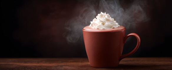 The steaming mug of hot cocoa crowned with fluffy whipped cream topping
