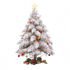 Snowy Christmas Tree with Gifts and Ornaments for Holiday Decor
