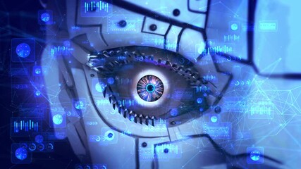 Future cyber security data protection robot biometrics scanning human eye unlock access private digital data. Futuristic technology innovation. future digital vision technologies, security biometrics. - Powered by Adobe