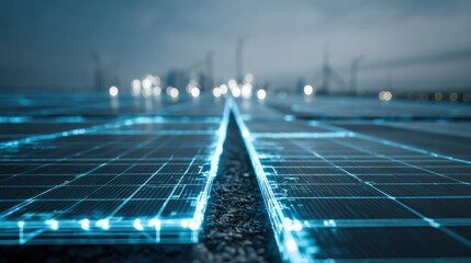Futuristic Blue Glowing Solar Panels Clean Renewable Energy Technology