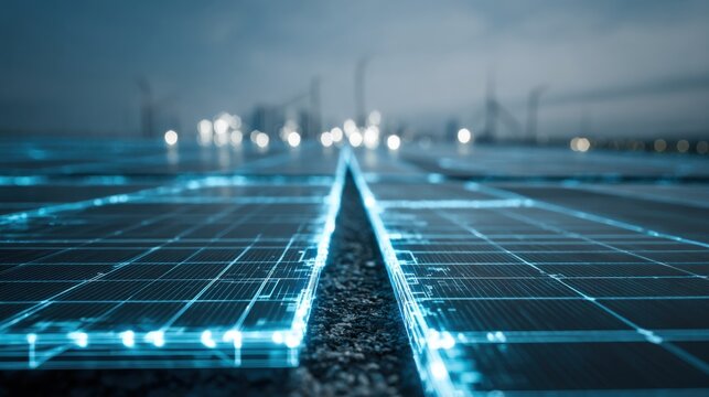 Futuristic Blue Glowing Solar Panels Clean Renewable Energy Technology