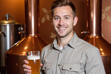 Happy male brewer or small business owner, holding a glass of craft beer and smiling in his brewery, standing in front of large copper vats, representing the microbrewery industry and quality craft