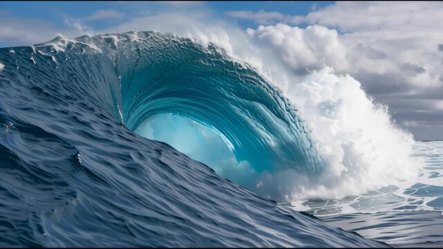 Experience immense power of natures majestic blue ocean wave in dramatic sea storm perfect curling water barrel for epic surf against beautiful background